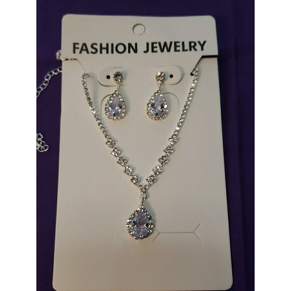 Sparkly Clear Teardrop Rhinestone Pendant Necklace & Earrings Set, Silver Tone - Picture 1 of 12